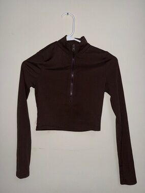Women’s Brown Quarter-Zip Long Sleeve Crop Top